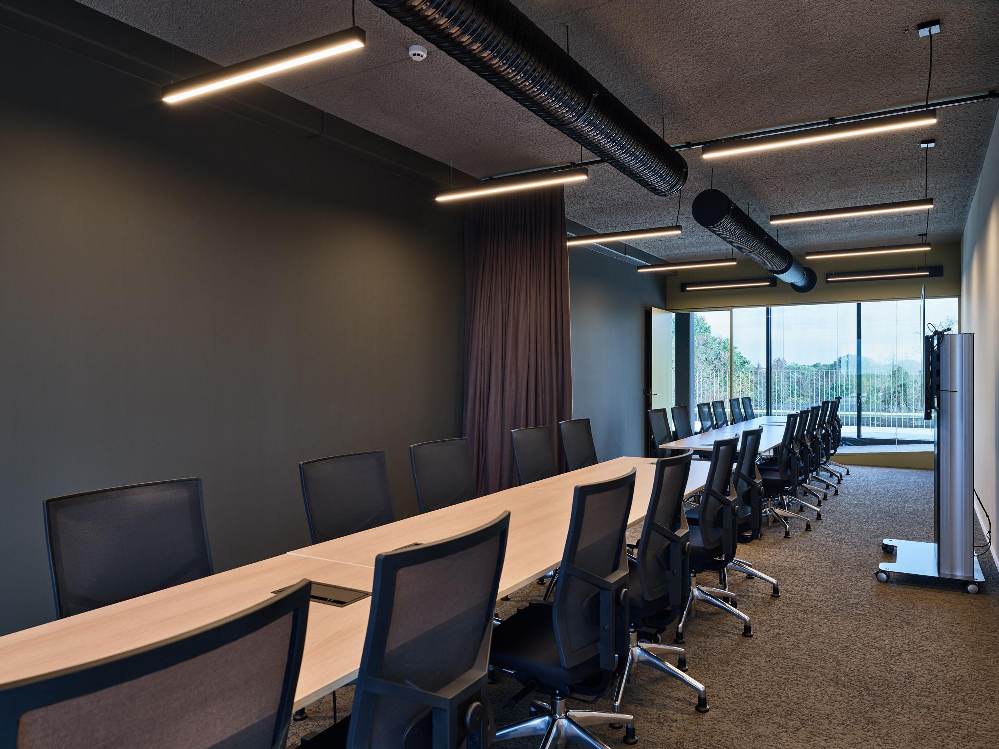 Modern conference room with acoustic ceiling panels, long wooden table, and natural light from large window